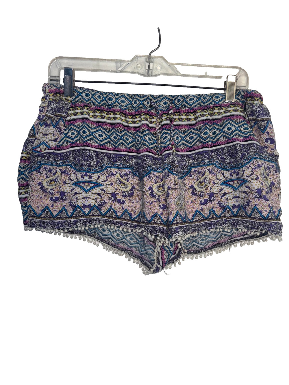 No Boundaries Shorts Womens XL Purple Paisley Geometric Pom Pom Trim Pockets
